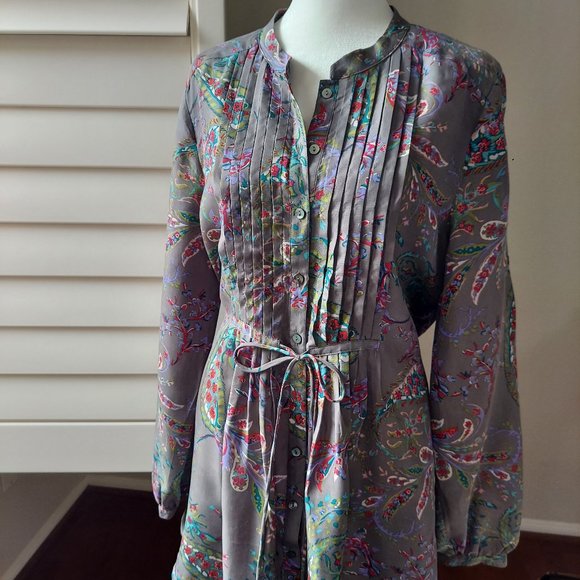 Sundance Tops - Sundance 100% Silk Floral Button Front Tunic Boho Blouse Gray  Sz L